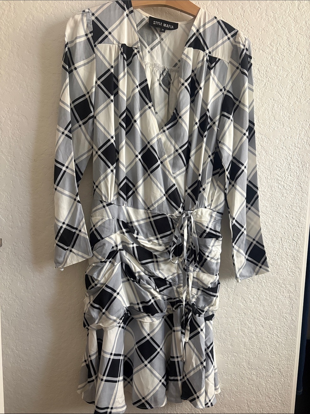 Style Mafia Black and White Plaid Long Sleeve Wrap Dress